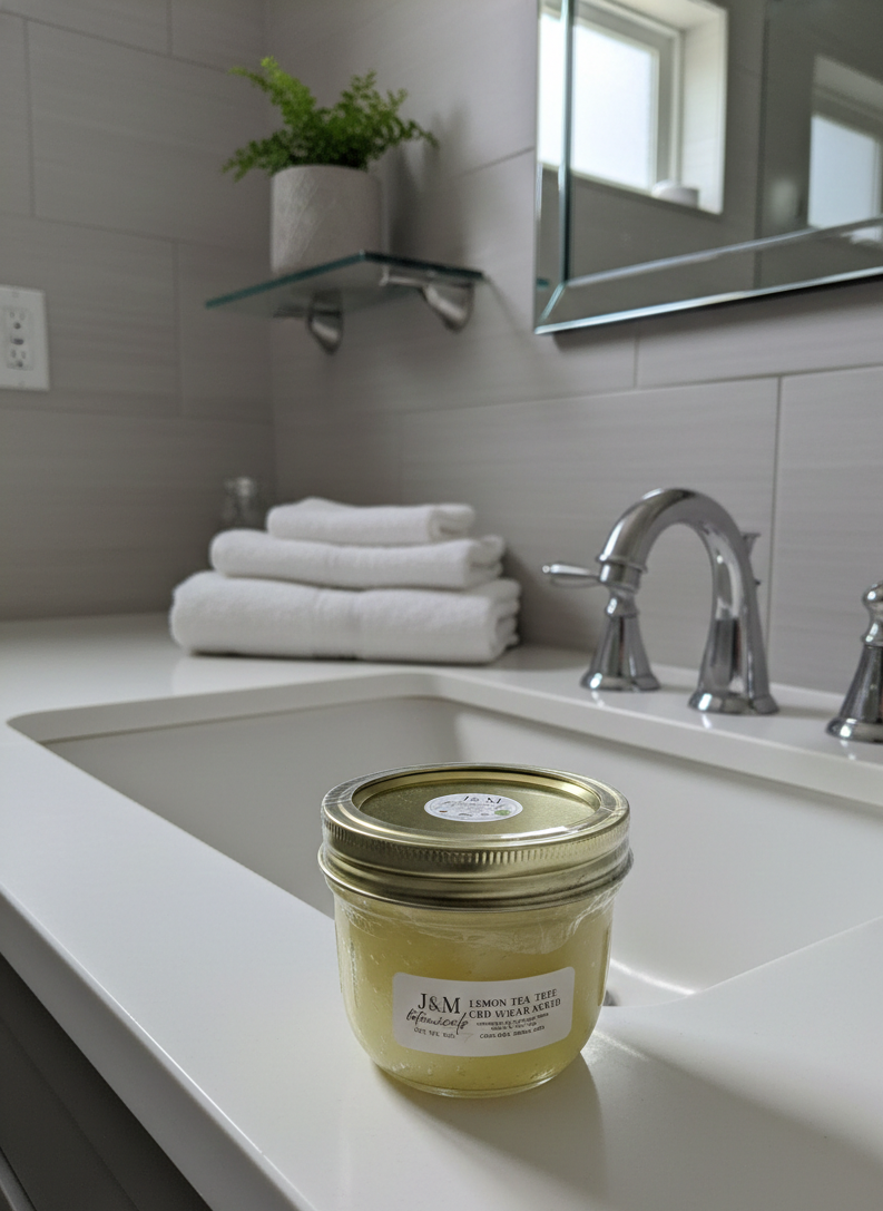 jar of lemon tea tree CBD sugar scrub on bathroom counter