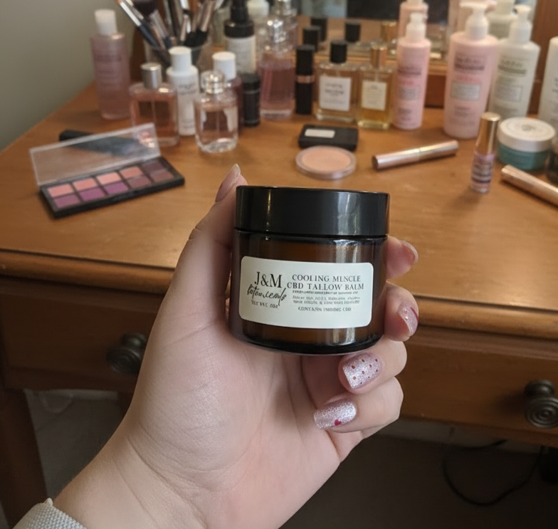 Hand holding a jar of Cooling CBD Tallow Balm with a makeup vanity in the background