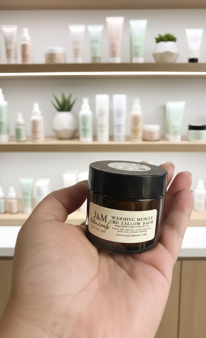 Hand holding a jar of J&M warming CBD tallow balm with shelves of skincare items in the background